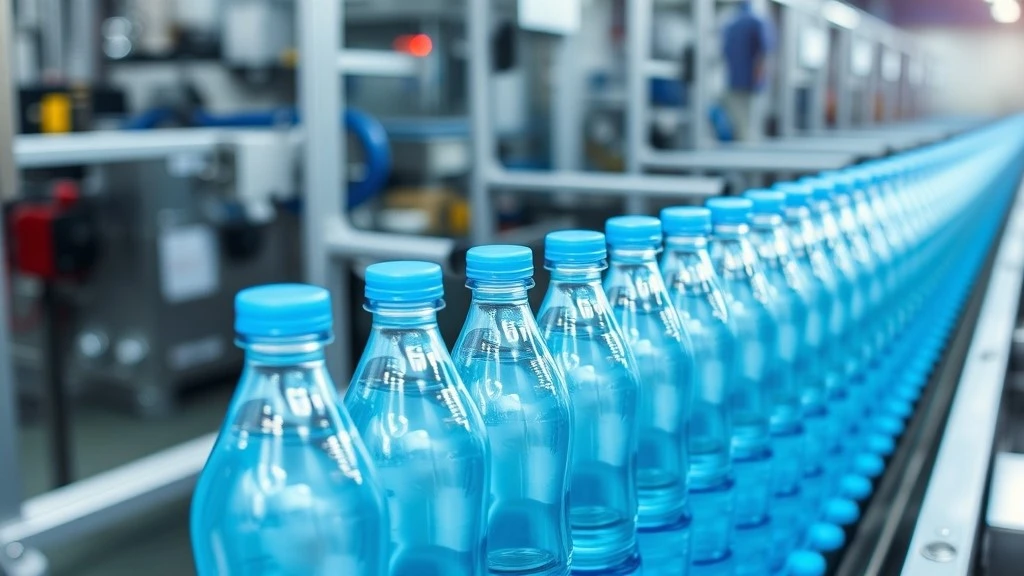 Plastic bottles moving along a high-speed automated conveyor on a packaging line Plastic bottles moving along a high-speed automated conveyor on a packaging line