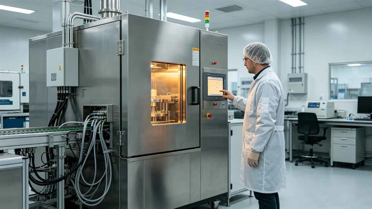 A technician checks an industrial HMI beside an environmental test chamber in a lab A technician checks an industrial HMI beside an environmental test chamber in a lab